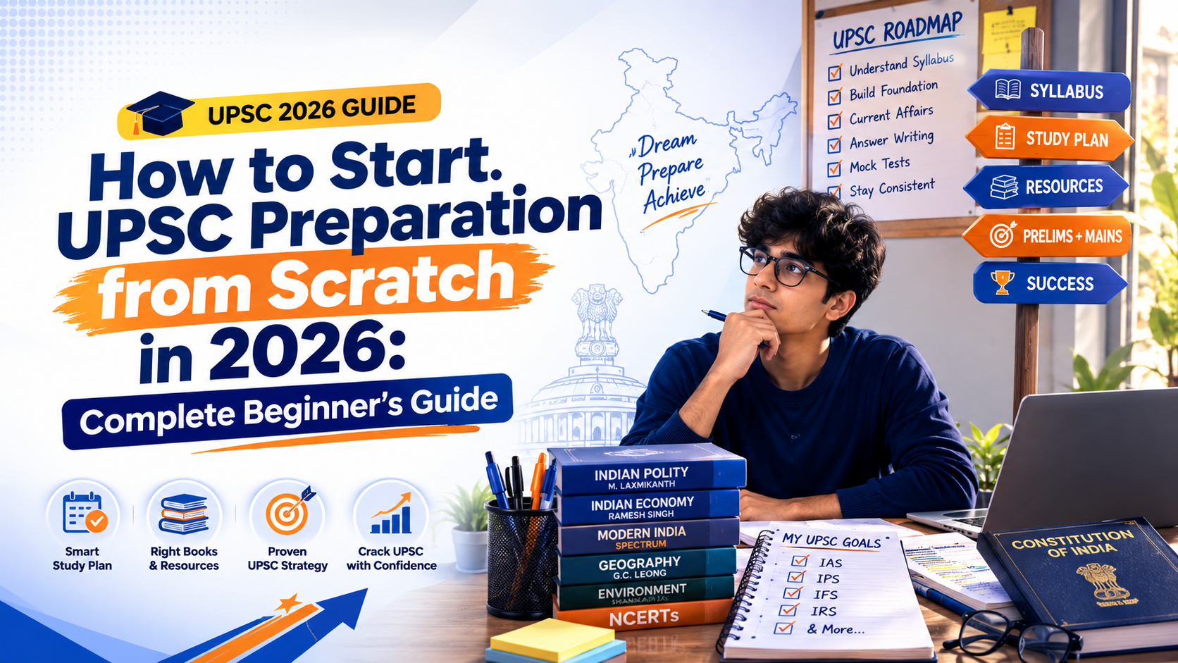 "How to Start UPSC Preparation from Scratch in 2026 – Complete Beginner's Guide banner featuring a UPSC aspirant studying with NCERT books, Constitution of India, study plan, UPSC roadmap, syllabus, and preparation strategy in a modern learning environment."