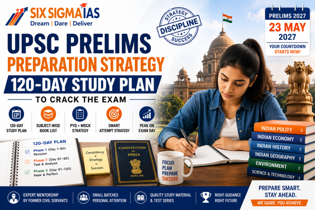 Female UPSC aspirant studying at Six Sigma IAS Academy with expert mentorship, books, Constitution of India, and a 120-day UPSC preparation strategy for the Civil Services Examination 2026 in Delhi NCR.