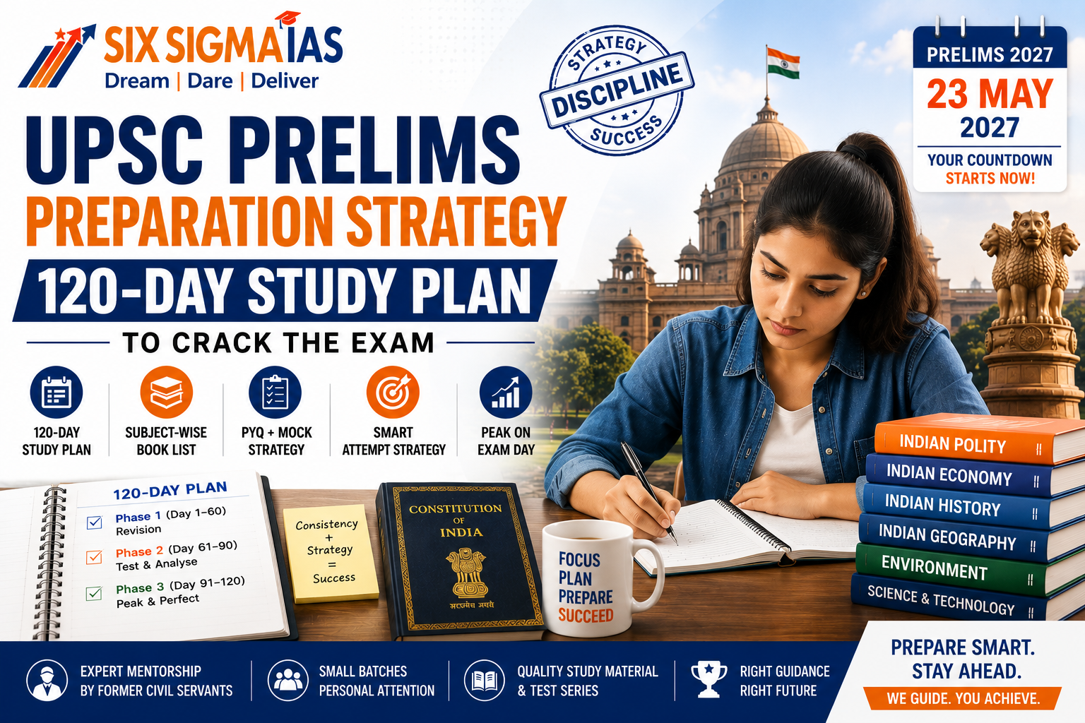 Female UPSC aspirant studying at Six Sigma IAS Academy with expert mentorship, books, Constitution of India, and a 120-day UPSC preparation strategy for the Civil Services Examination 2026 in Delhi NCR.