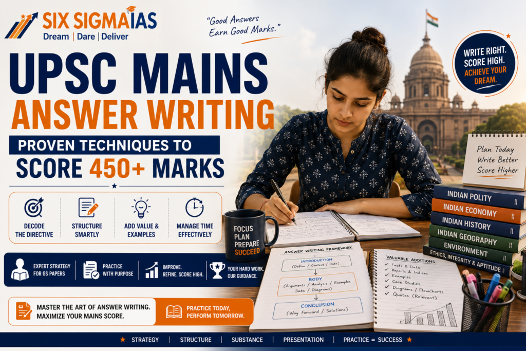 Female UPSC aspirant practising answer writing with Six Sigma IAS Academy using a structured UPSC Mains strategy, directive analysis, answer framework, and expert mentorship to improve GS paper scores.